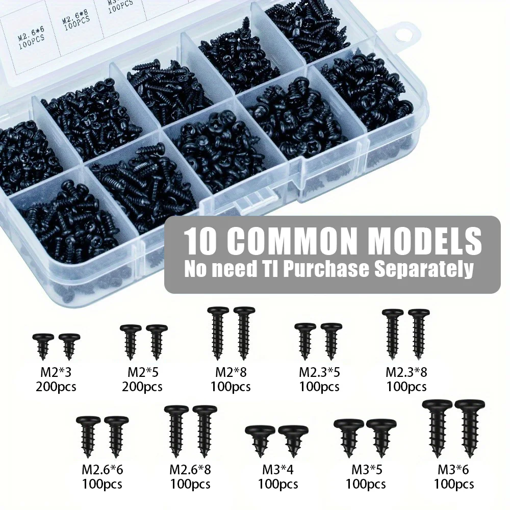 1200-piece M2 Black High-Strength Self-Tapping Screw Set - 7 Sizes for Home Improvement, Plastics, Wood, and Soft Metals