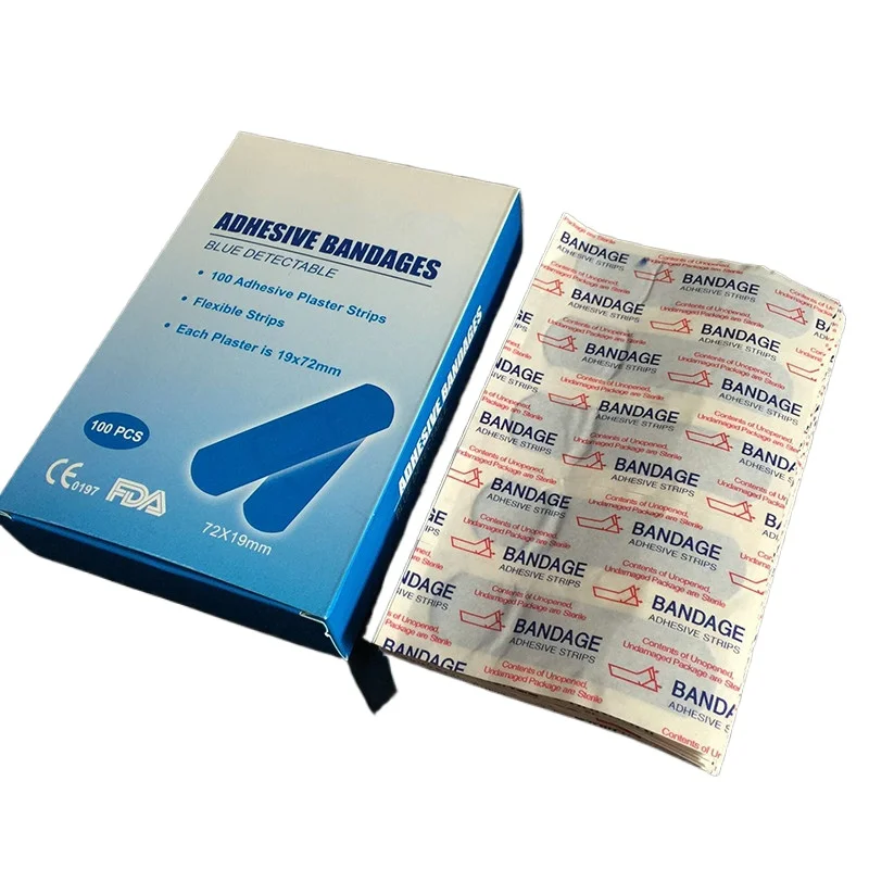 100 pieces of blue professional food grade bandages per box, metal measurable bandages for pharmaceutical and food factory use