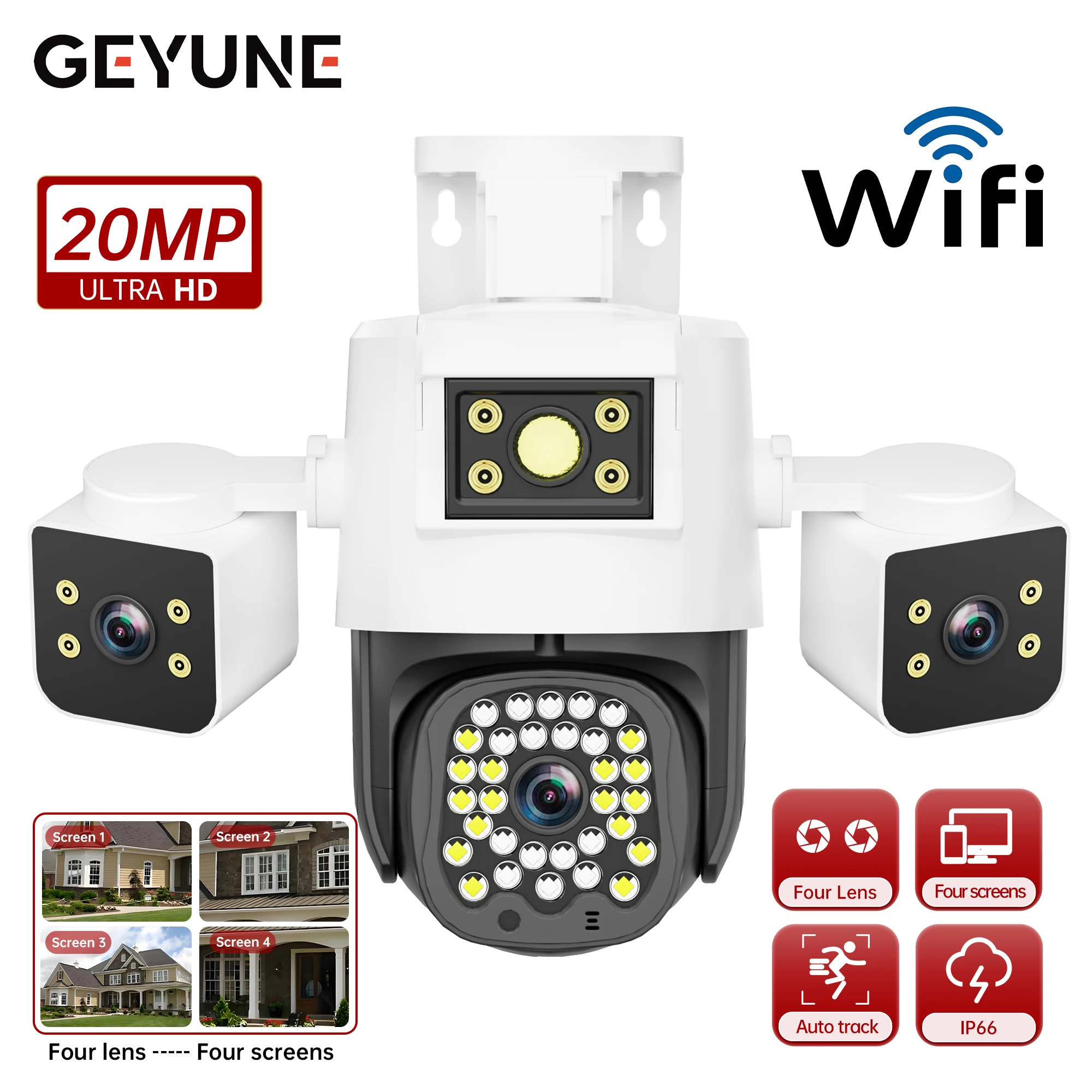 

20MP 8K WiFi Camera Outdoor Four Lens 10X Zoom PTZ Security Camera Auto Tracking Smart Security Protection IP Video Surveillance