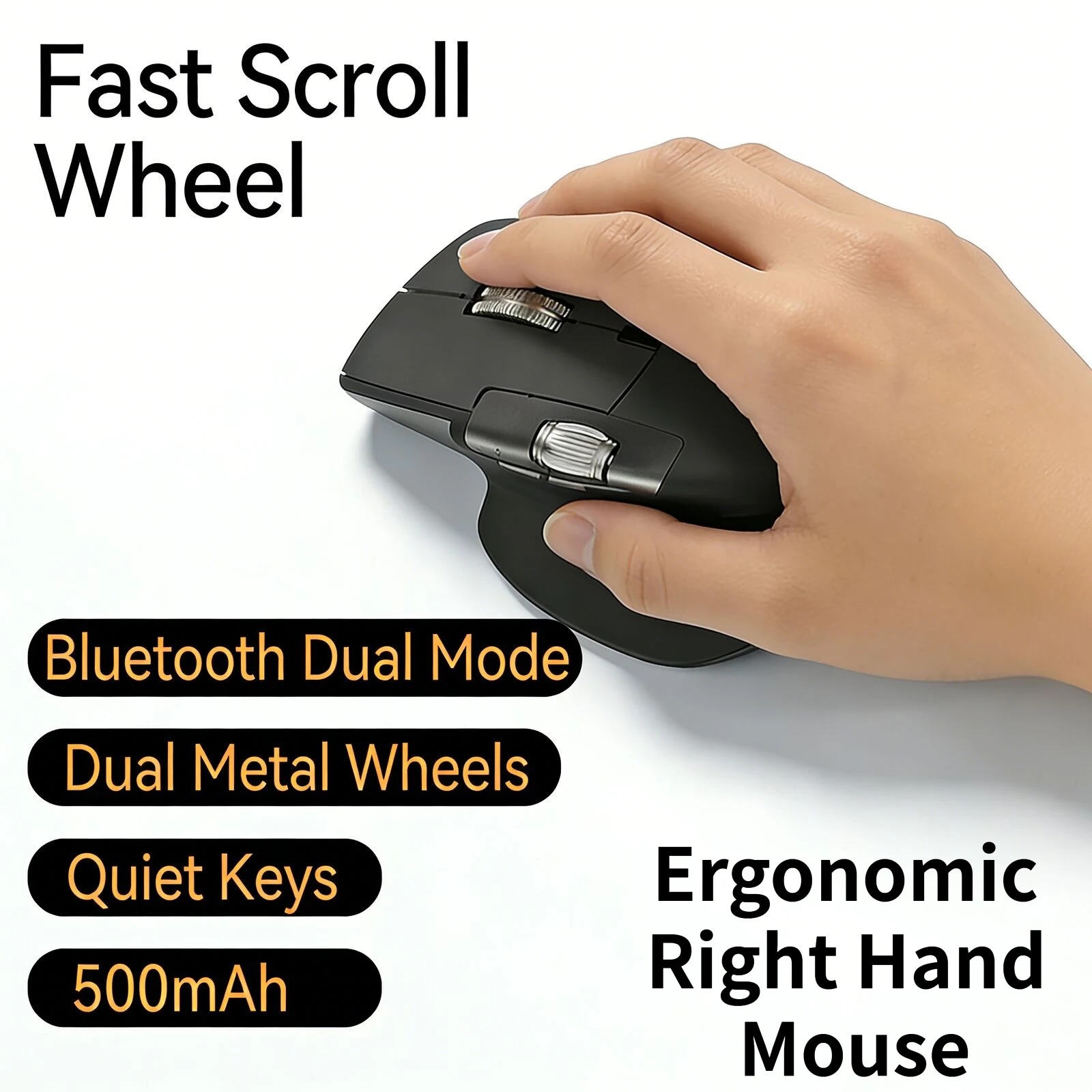 

Ergonomic Right Hand Mouse 2.4G Bluetooth Dual Mode Rechargeable Silent Click Two Metal Rollers Office Mice For PC Laptop Tablet