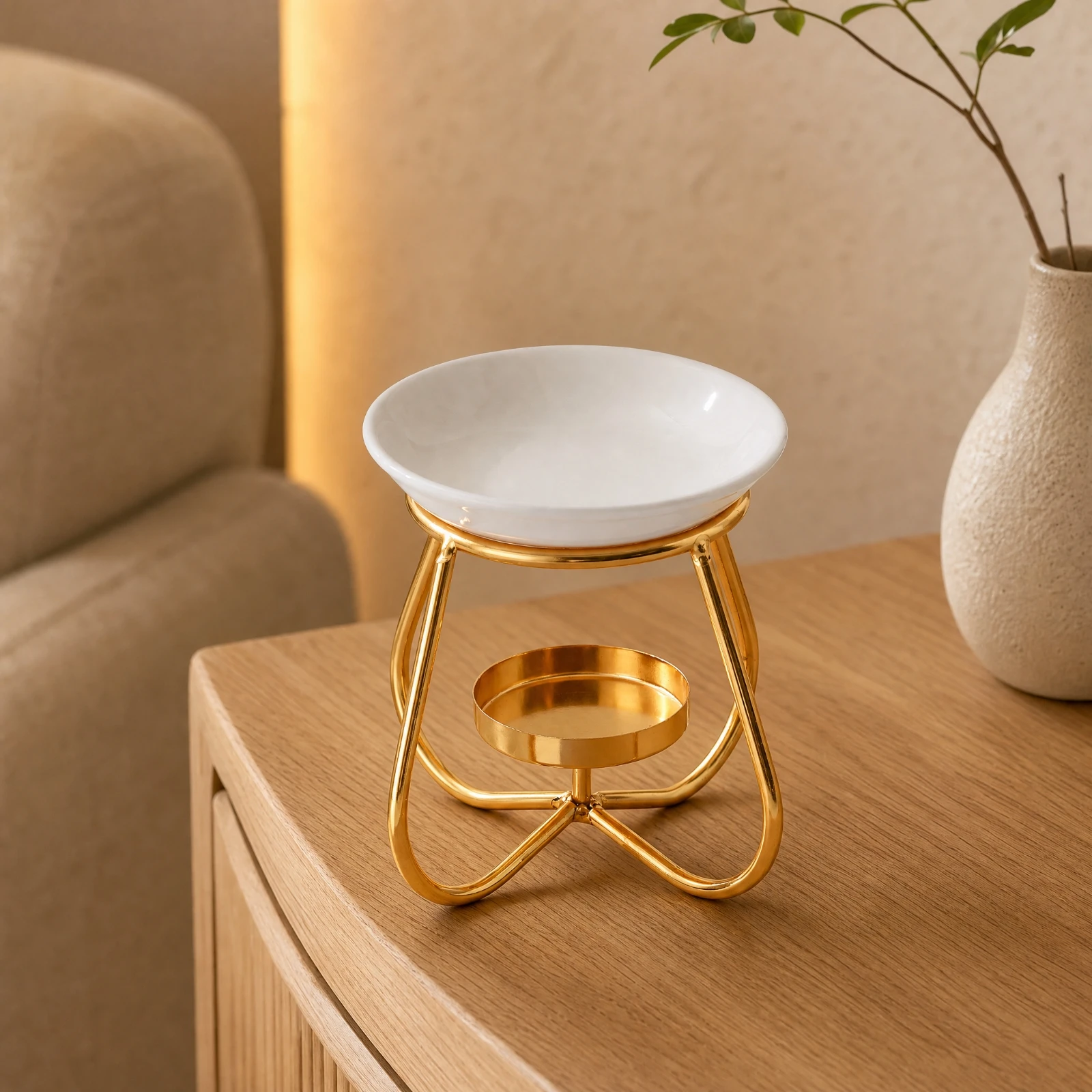 tabletop-ceramic-aroma-burner-gold-toned-candle-powered-polish-warmer-with-bowl-home-decor-compact-for-living-room