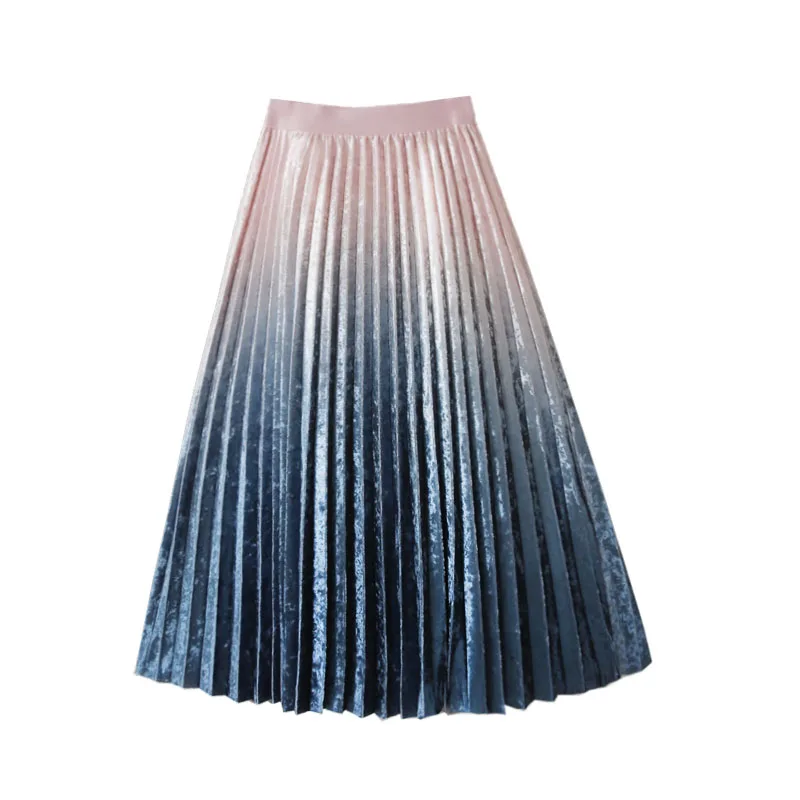 Autumn Winter 2023 New Korean High Waist Retro Slim Pleated Gradual Golden Velvet Mid length Skirts For Women Clothing bd858