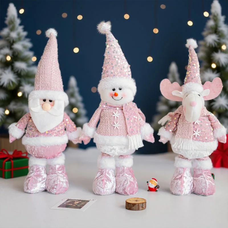 Weihnachts-Plüschpuppe, verstellbar, stehend, Weihnachtsmann und Schneemann, rosa Pailletten, niedliche Feiertagsdekoration für Zuhause, festliche Verzierung
