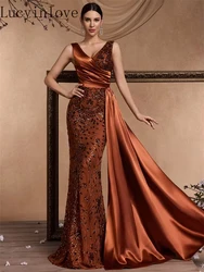 Lucyinlove Elegant V-neck Splice Ribbons Sequins Evening Dresses Woman Sleeveless Mermaid Formal Luxury Wedding Party Prom