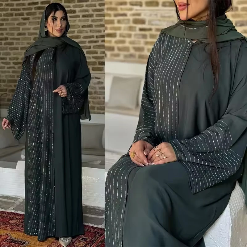 

Wholesale Oem Turkey Modest Dubai EID Robe Sale Abaya Dress Luxury Kimono Women Muslim Dress Diamond Open Abaya with Button
