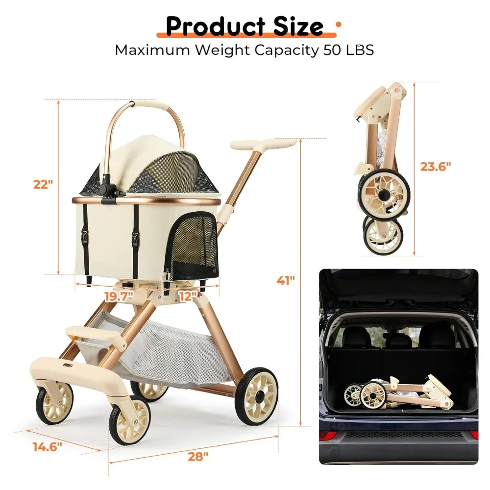 

Foldable Pet Stroller for Medium Dogs Cats up to 50lbs, Adjustable Handle, All-Terrain Wheels