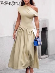 TWOTWINSTYLE Solid Slimming Temperament Dresses for Women Diagonal Neck Short Sleeves Patchwork Ruffles Fold Dress Female New
