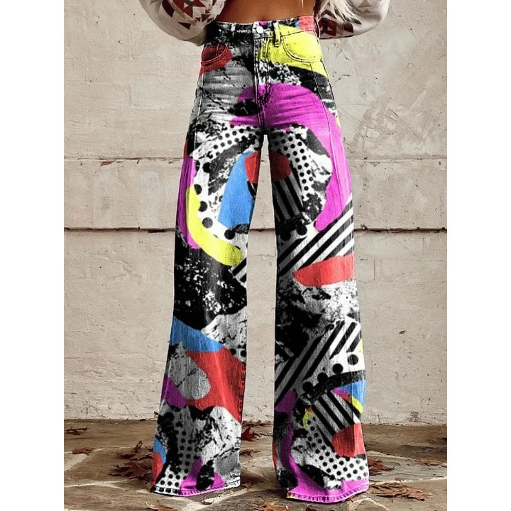 Damen Y2K Tie-Dye Graffiti-Print Hose mit hoher Taille und weitem Bein, Farbverlauf, Streetwear, lässige, lockere Hose mit Taschen, XXS-3X – Detail 5