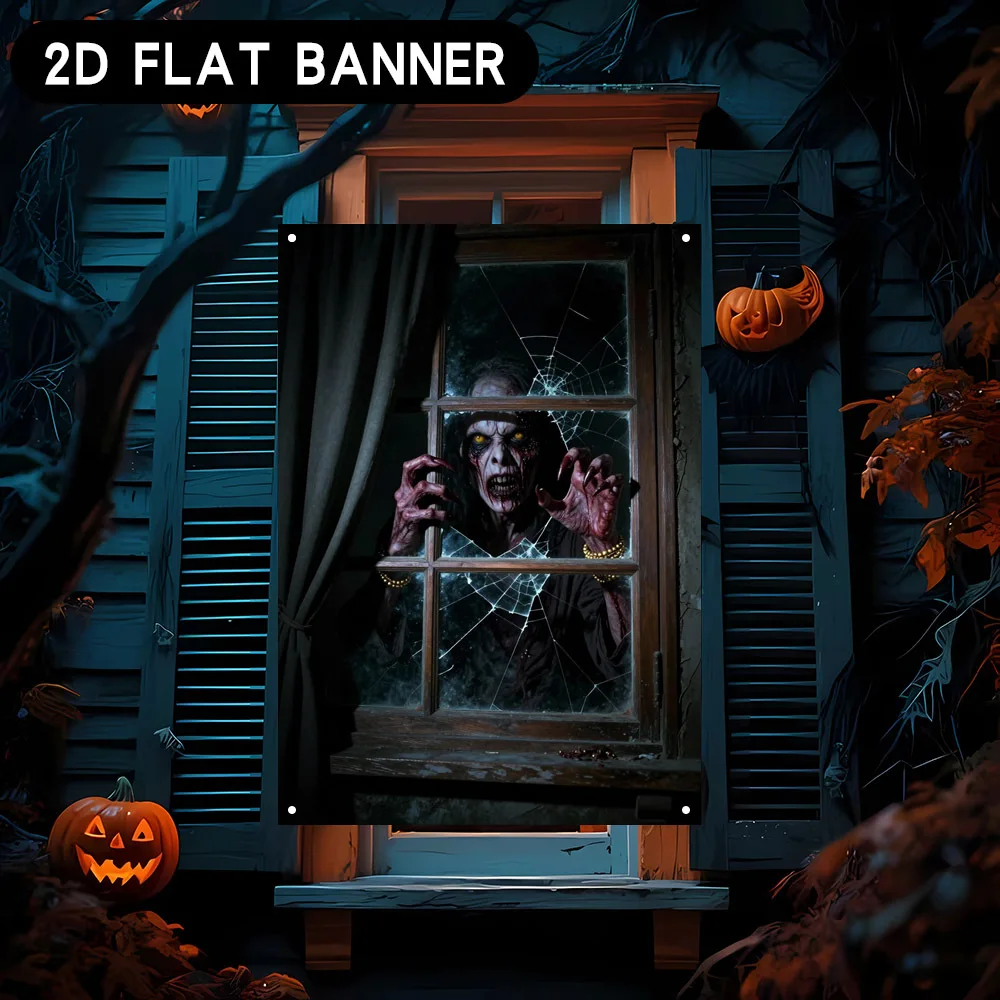2D flat banner 1pc Halloween window banner background fabric. Horror zombie party theme window covering fabric view 5