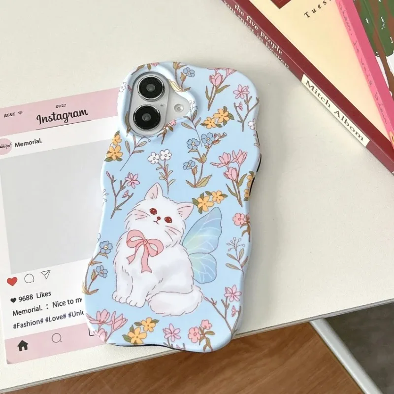 

Blue Bow Flowers Cat Phone Case For IPhone 17 Air 16 15 14 13 Pro Max 2 IN 1 Wave Edges Cute Cartoon Shockproof Protective Cover