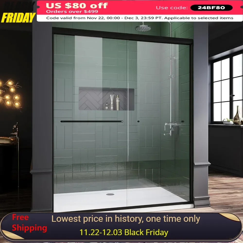 

Shower Door, 60 in. W X 72 in. H, Semi-Frameless Sliding Showers Doors Bathroom Sliding Doors, Clear Glass, Bathroom Shower Door