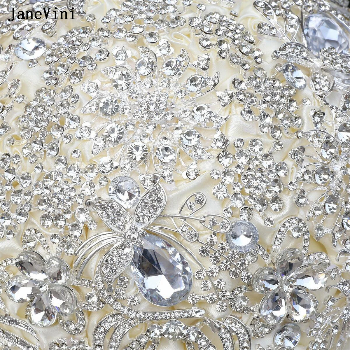 JaneVini Luxury Diamond Crystal Ivory Bridal Wedding Brooch Bouquets Artificial Satin Roses Silver Jewelry Bride Bouquet Flowers