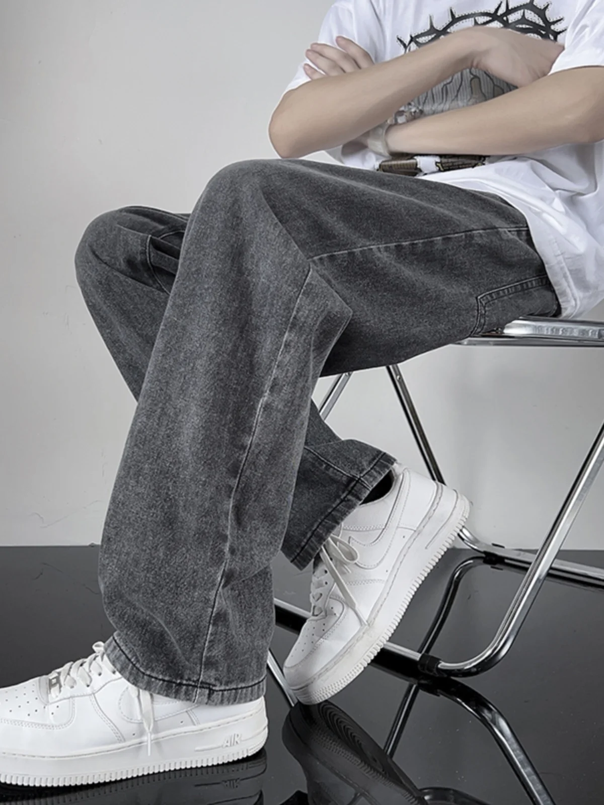 

Spring Men's Bla ey Casual Jeans Hong Kong Sle CEC Loose Wide Leg Pants Trendy Vintage Straight Leg Long Casual Jeans