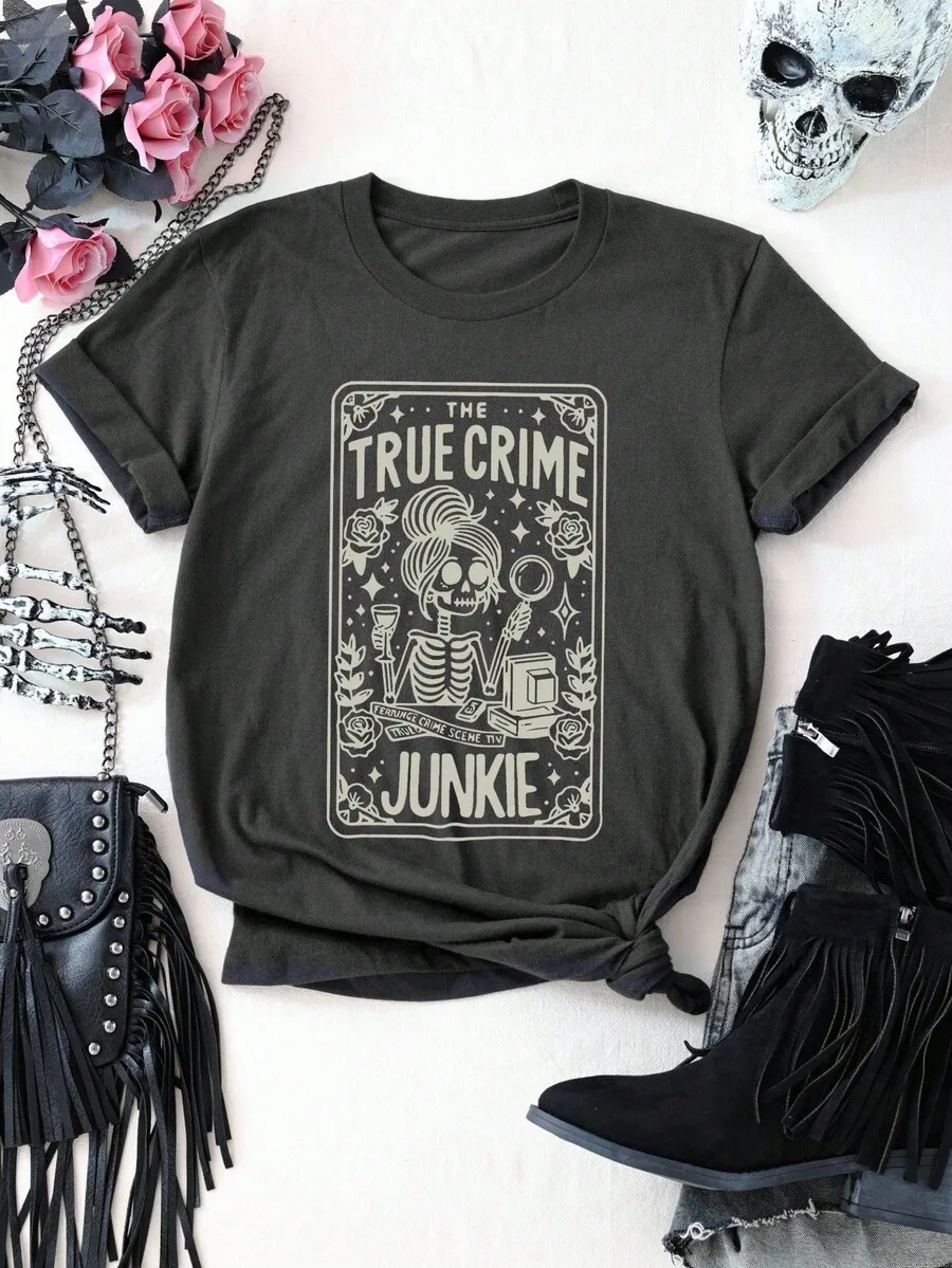 True Crime Junkie Skeleton Graphic Tee Halloween Theme Round Neck Short Sleeve Womens T-Shirt