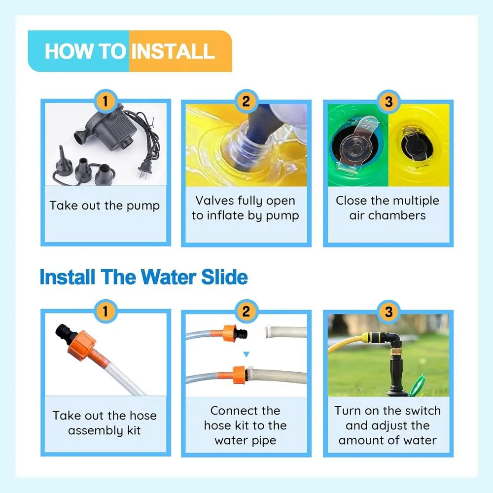 สไลเดอร์น้ำเป่าลมพร้อมสปริงเกอร์สำหรับเด็ก, สไลเดอร์น้ำสูง 15 ฟุต พร้อมกระดานโต้คลื่นเป่าลม 2 อัน และหัวฉีดน้ำในตัว สำหรับเด็กอายุ 6 ปีขึ้นไป