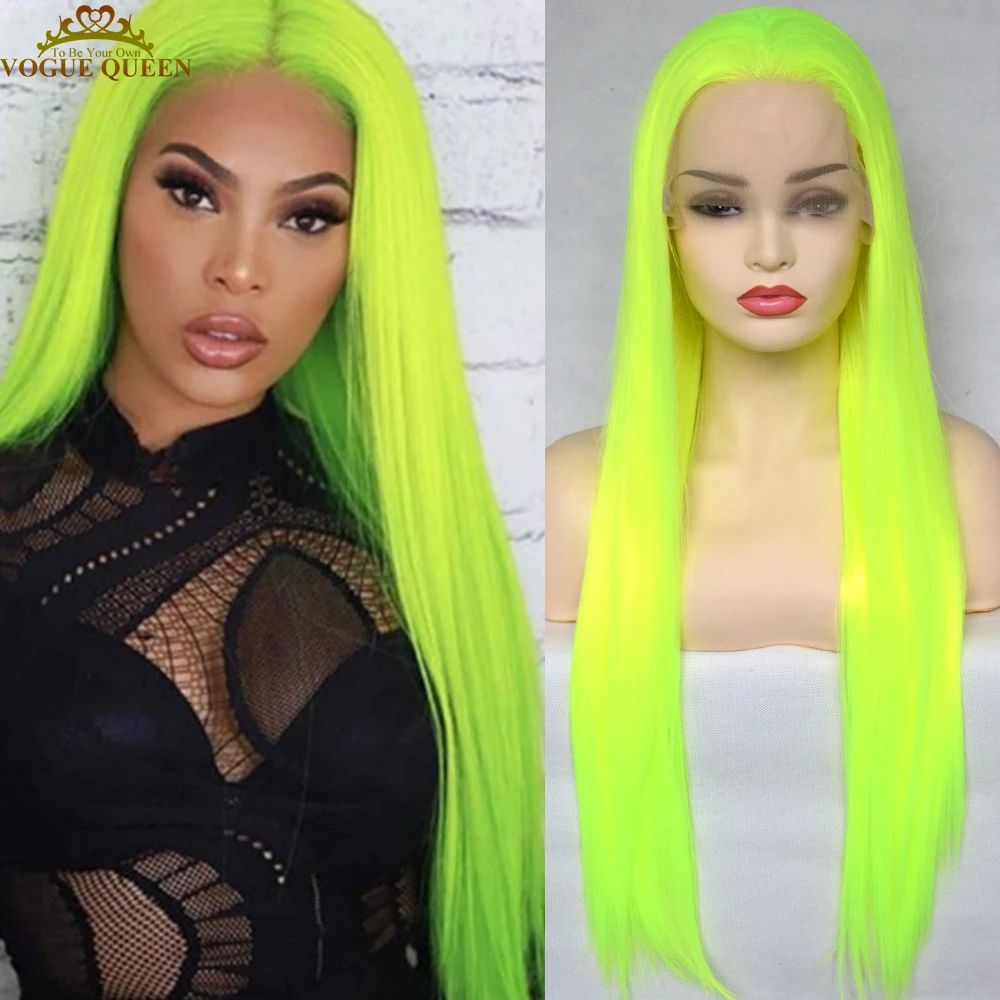 Vogue Queen Bright Yellow Green Synthetic Lace Front Hair Long Silky Straight Heat Resistant Fiber Cosplay Wigs For Women