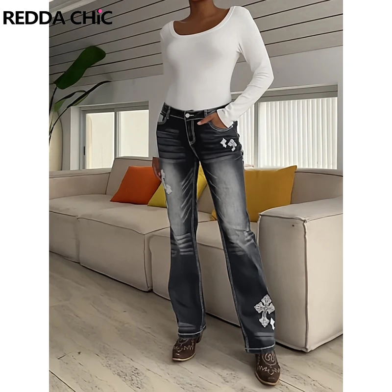 ReddaChic Distressed Black Y2k Jeans for Women Vintage Grunge Slim Fit Low Rise Cross Embroidery Flare Jeans Y2k Streetwearear