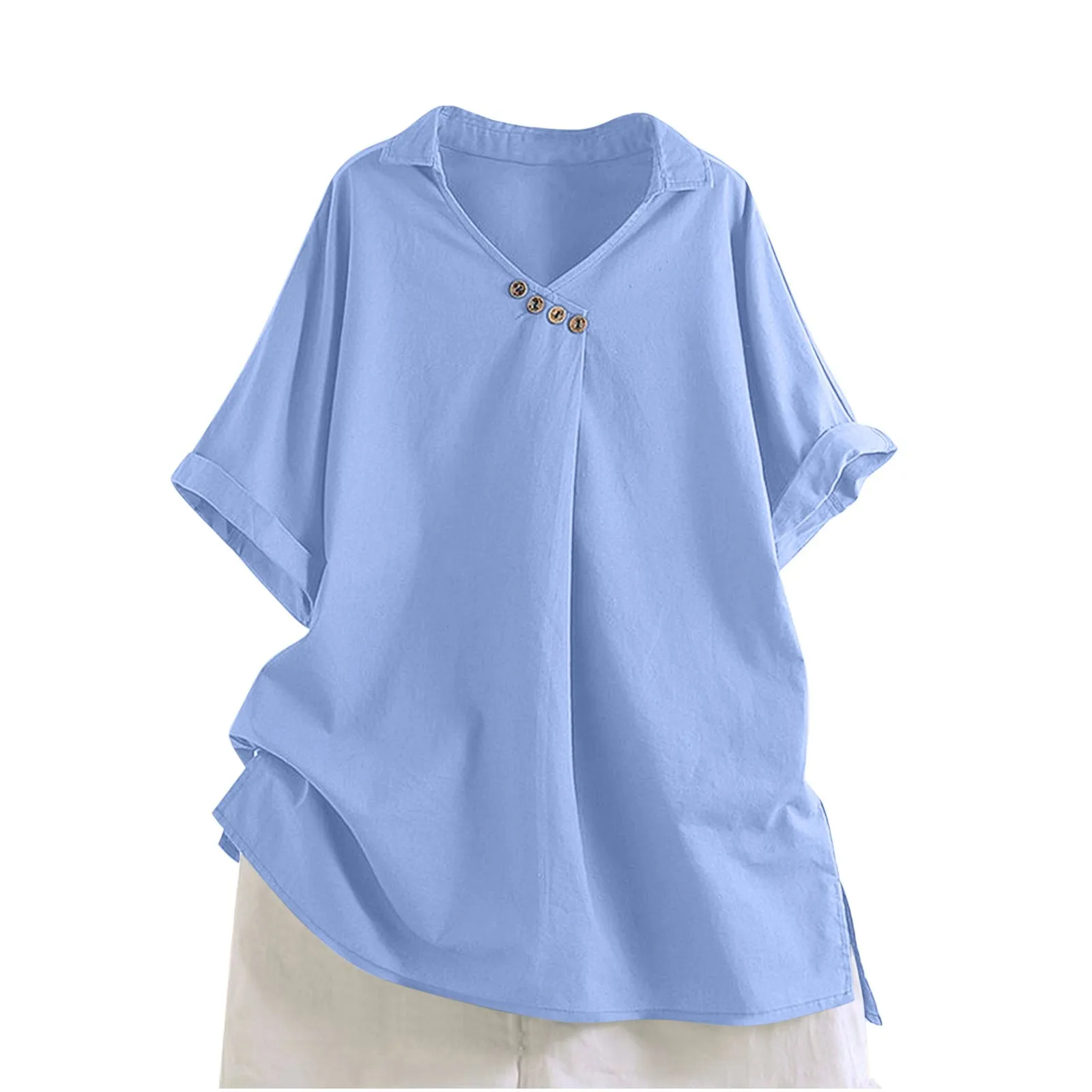 

2025 Polo Shirts Woman New Cotton Linen Solid Colour Short Sleeve Shirt V-Neck With Buttons Loose Shirt Solid Clothing Female