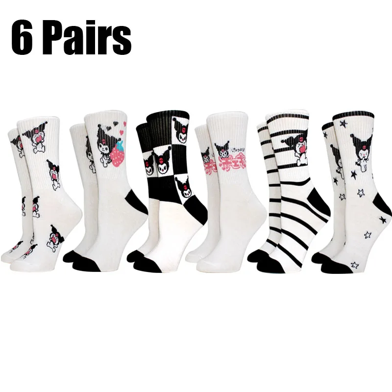 

6 Pairs New cartoon women socks casual kawaii middle tube socks spuer cute girl socks white black socks anime socks Size 35-40