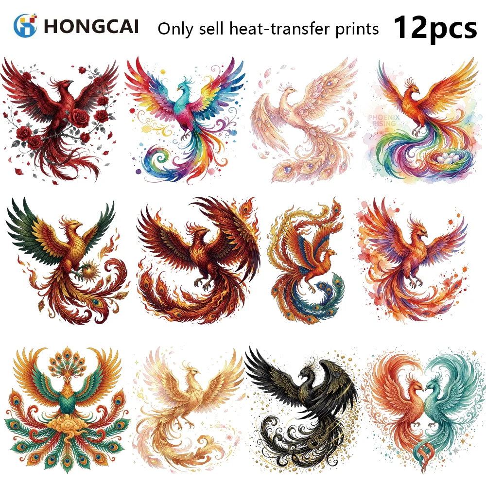 12Pcs 2D Phoenix Rebirth HTV, Flat Firebird Iron-on, No Odor Mod-Breathable, Easy Align No Glue Edge DIY Decor