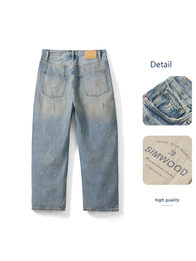 SIMWOOD 2024 Autumn Winter New 13.7oz Baggy Jeans Men Washed Vintage Ripped Fashion Denim Pants Plus Size Brand Clothing