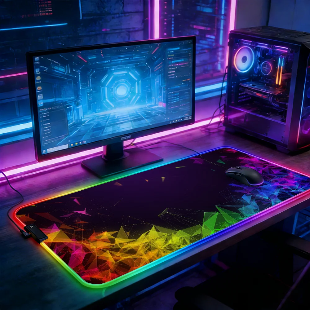 LED Lighting RGB Mouse Pad E-sports Game Keyboard Pad Table Mats Rainbow Geometric Fragments Deskmat Pc Accessories Mousepad Mat