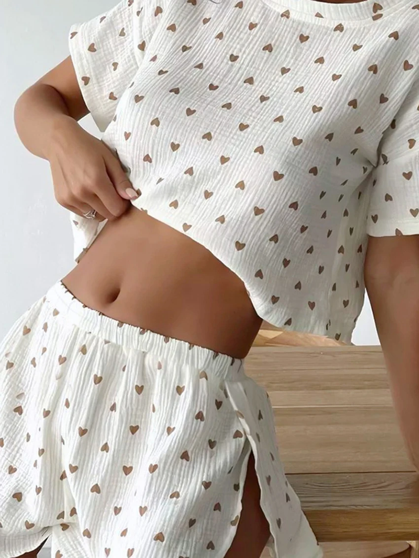 Marthaqiqi Printing Summer Female Pajama Set O-Neck Sleepwear Short Sleeve Nightie Crop Top Pijama Shorts Casual Nightgowns Suit