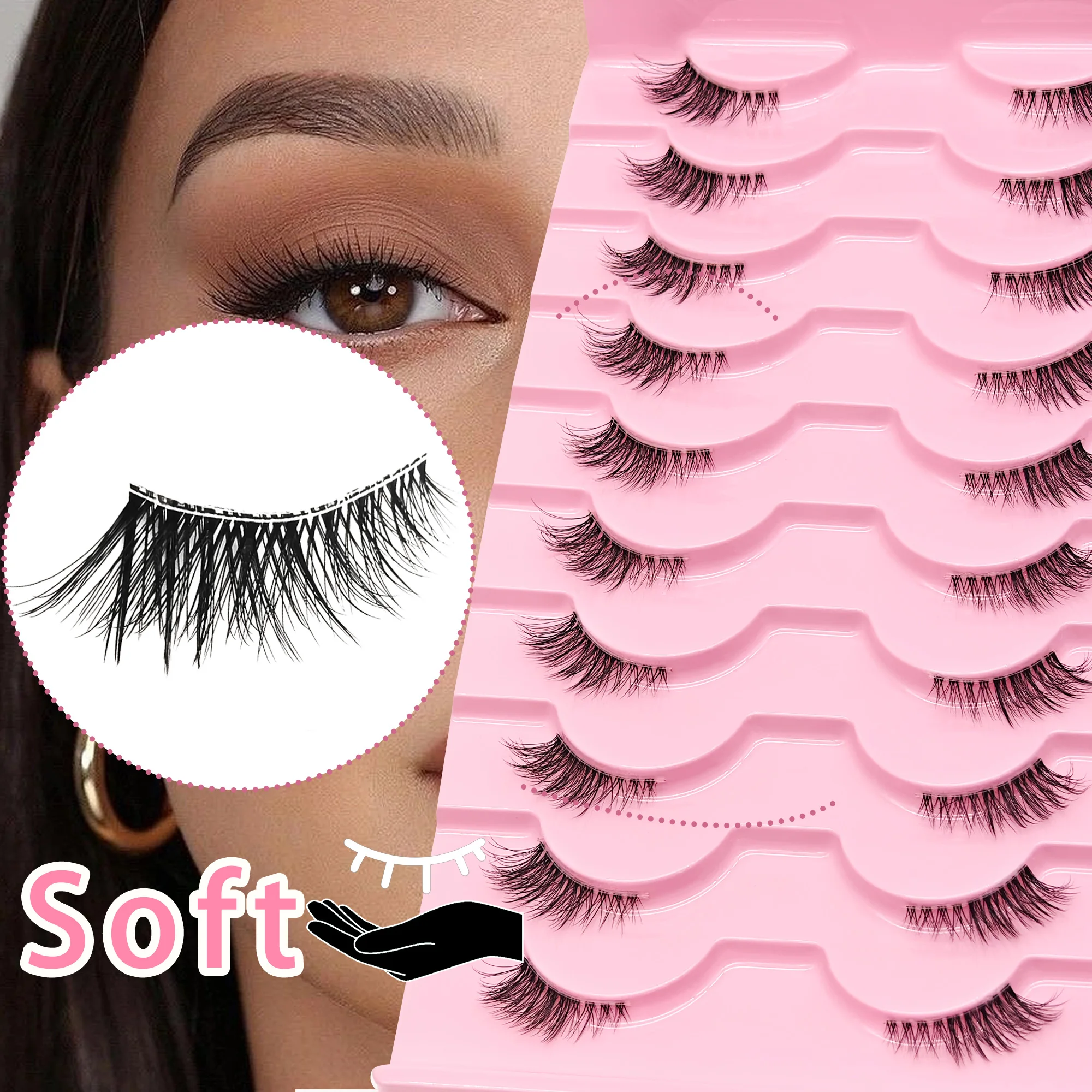 10 Pairs of Natural-Style Half-Lash Outer-Corner False Eyelashes (3–10mm) — Lightweight, Fluttery Cat-Eye Style, Clear Band