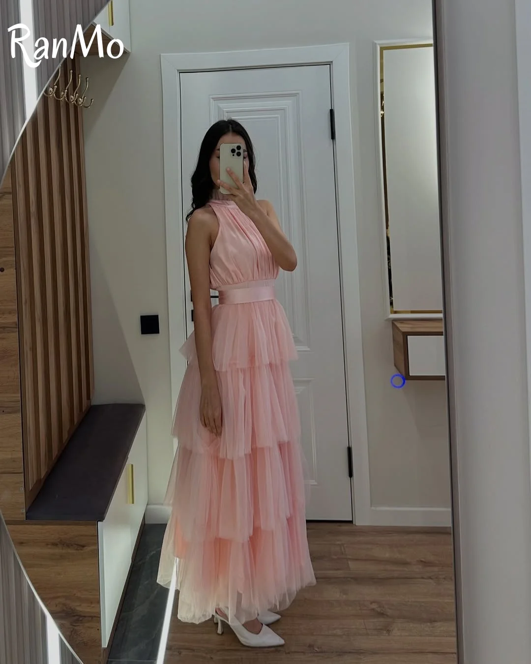 Ranmo Elegant Halter ชุดราตรีสีชมพูสาย Soft Tulle ชุดราตรีชาความยาวซิปด้านหลัง فساتة รัดตัวที่กําหนดเอง 2025