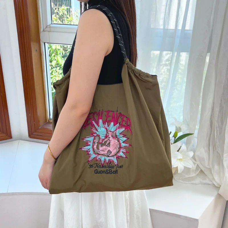 Bolso de lona con lazo y cadena de bolas Kawaii, serie de dibujos animados, bolso de nailon bordado Oxford plegable de gran capacidad para niñas