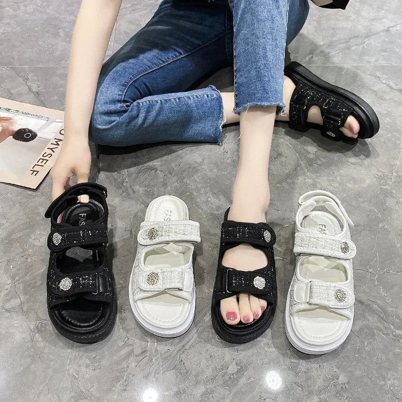 Plattform Sandalen Mode Luxus Designer Frauen Gitter Haken Schleife Plaid Tuch Runde Kappe Sommer Casual Damen Outdoor Schuhe