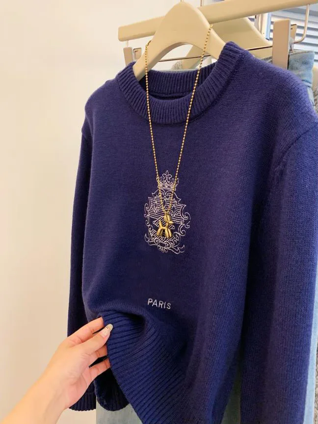 Letters Embroidery Round Neck Pullover Sweater For Women Autumn Spring 2024 Casual Loose Knitted Tops Streetwear F447