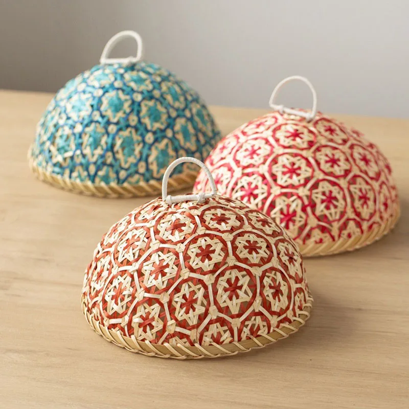 Handmade Braided Rustic Style Fruit Platter With A Cover Insect Prevention Fruit Leftover Food Cover Kitchenware Home Decoration