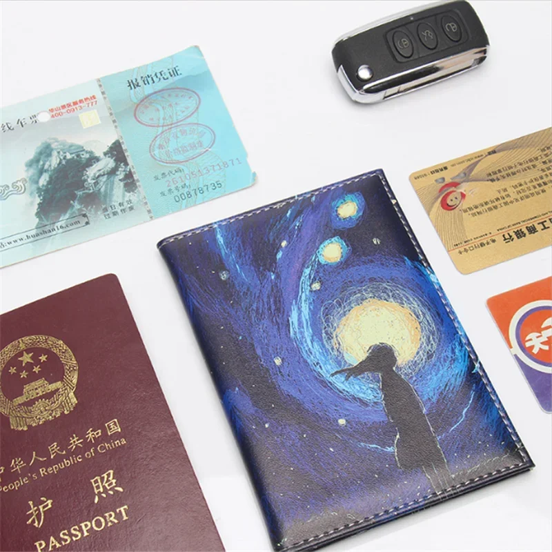 Soportes de pasaporte de cielo estrellado de moda para hombres y mujeres, bolsa de viaje, funda de pasaporte de cuero de Pvc, diseño 3D, funda de