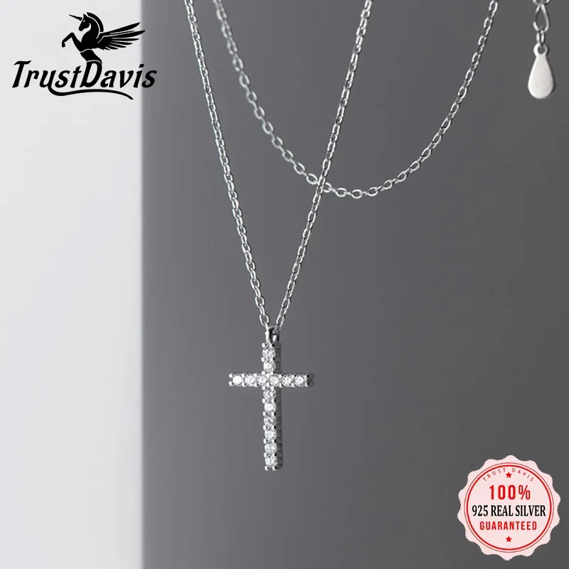 TrustDavis Minimalist Real 925 Sterling Silver Cross Zircon Pendant Necklace 925 Sterling Silver Fashion Jewelry For Women DA635