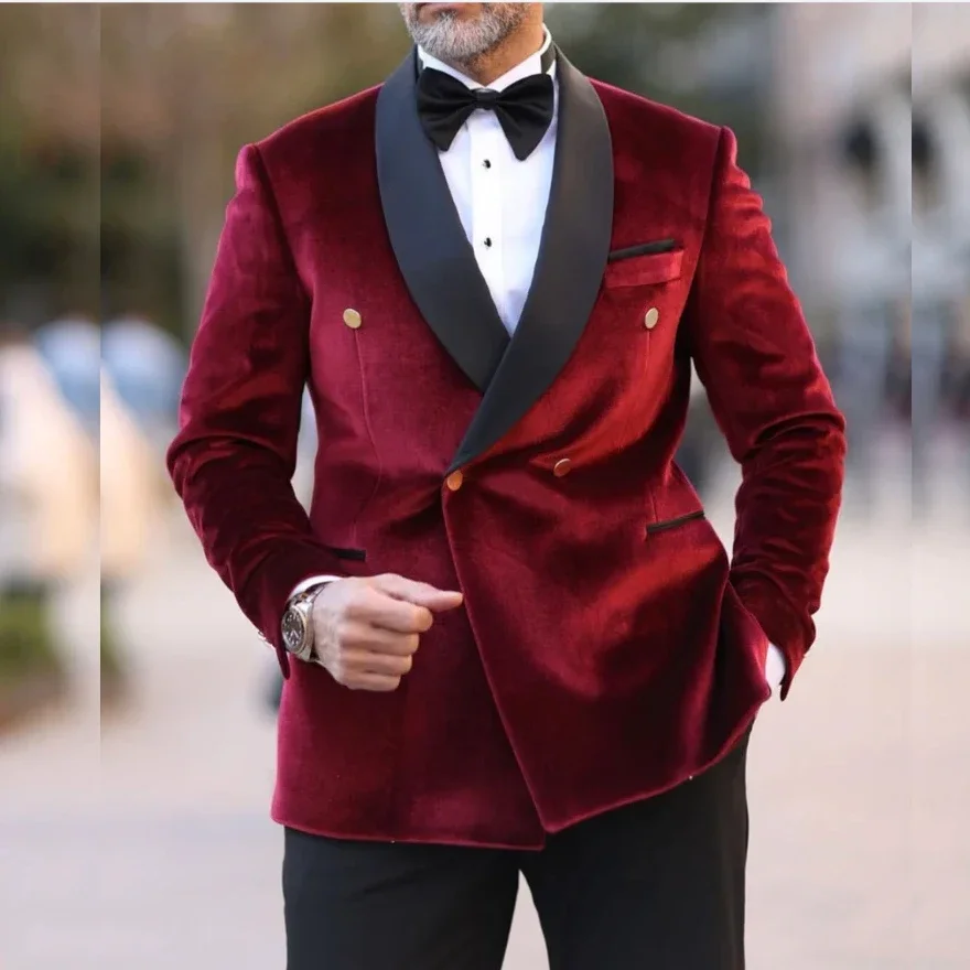 Burgundy Men\'s Suits Shawl Lapel Double Breasted Velvet Smoking Jacket Groom Tuxedo Casual Full Set 2 Pieces Blazer with Pants