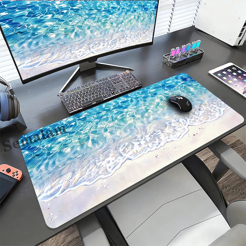 Mauspad, blaue Wellen, Gaming, genähter Rand, rutschfeste Gummi-Tastatur-Schreibtischunterlage für E-Sport-Spieler, PC, Laptop, Heimspiel, Computer-Pad