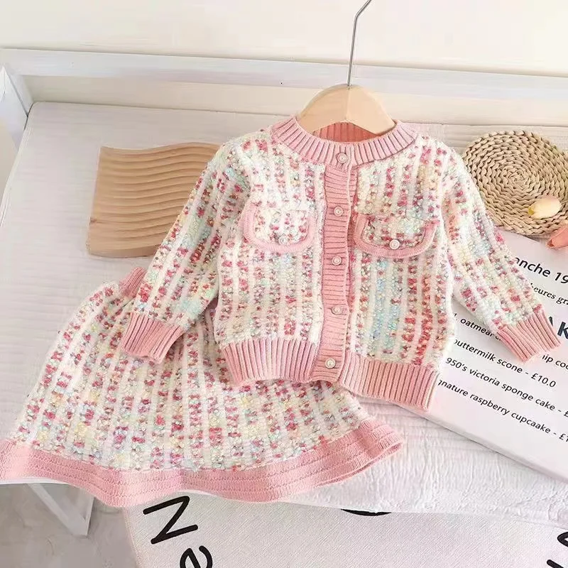 

Girls Knitted Cardigan Set Sweater Matching Skirt Children Two Piece Sets Fall Soft Warm Kids Outfits