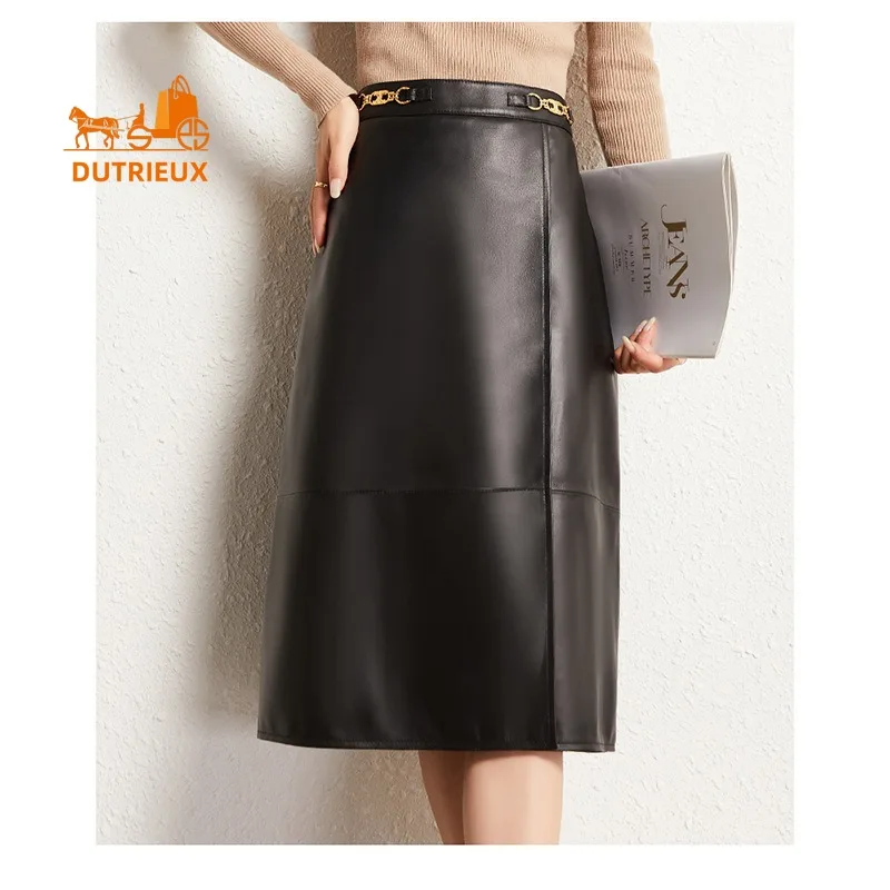 New Winter Genuine Leather Skirt for Women, High-end Sheepskin Elegant Mid-length Skirt High Waist Cowhide A-line Skirt for Work