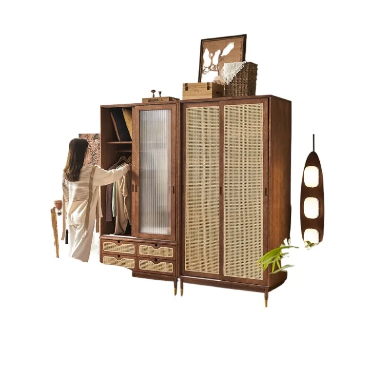 

Nordic rattan wardrobe combination, small household sliding door locker integrated against the wall