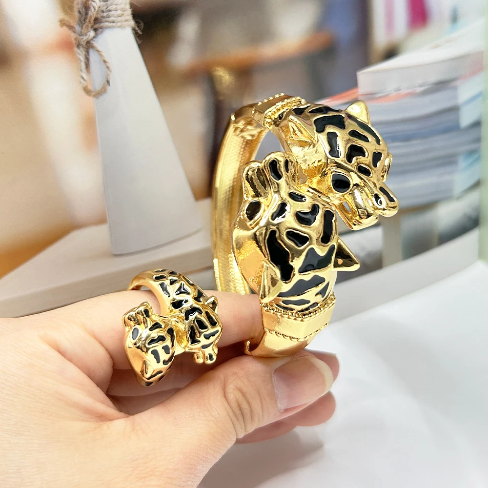 

Классический леопардовый браслет-манжета с кольцами, арабский роскошный комплект ювелирных изделий для женщин, браслет в африканском золотом цвете, кольцо на палец, повседневная вечеринка