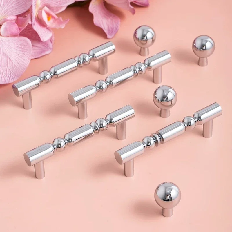 Furniture Solid Brass Wardrobe Shoe Cabinet Kitchen Drawer Brass T-Bar Long Handles Knobs Silver Bedroom Cabinet Door Handles