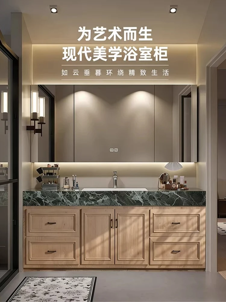 

Medieval log wind bathroom cabinet walnut color washbasin cabinet combination rock slab integrated basin