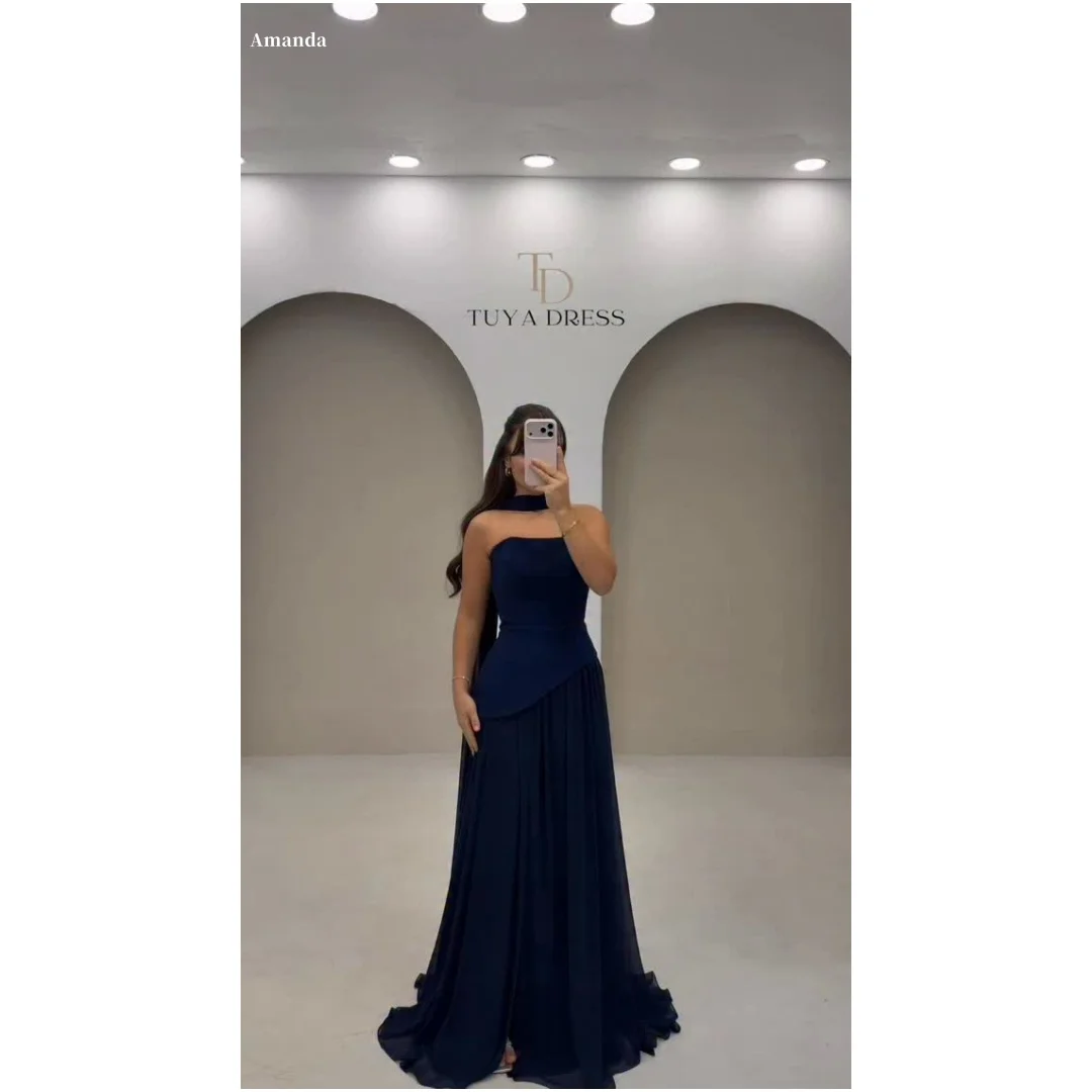 Amanda Aangepaste Marineblauwe Halter Hals Mouwloze Galajurk Asymmetrische Gelaagde Formele Avondjurk Elegante vestidos de noche