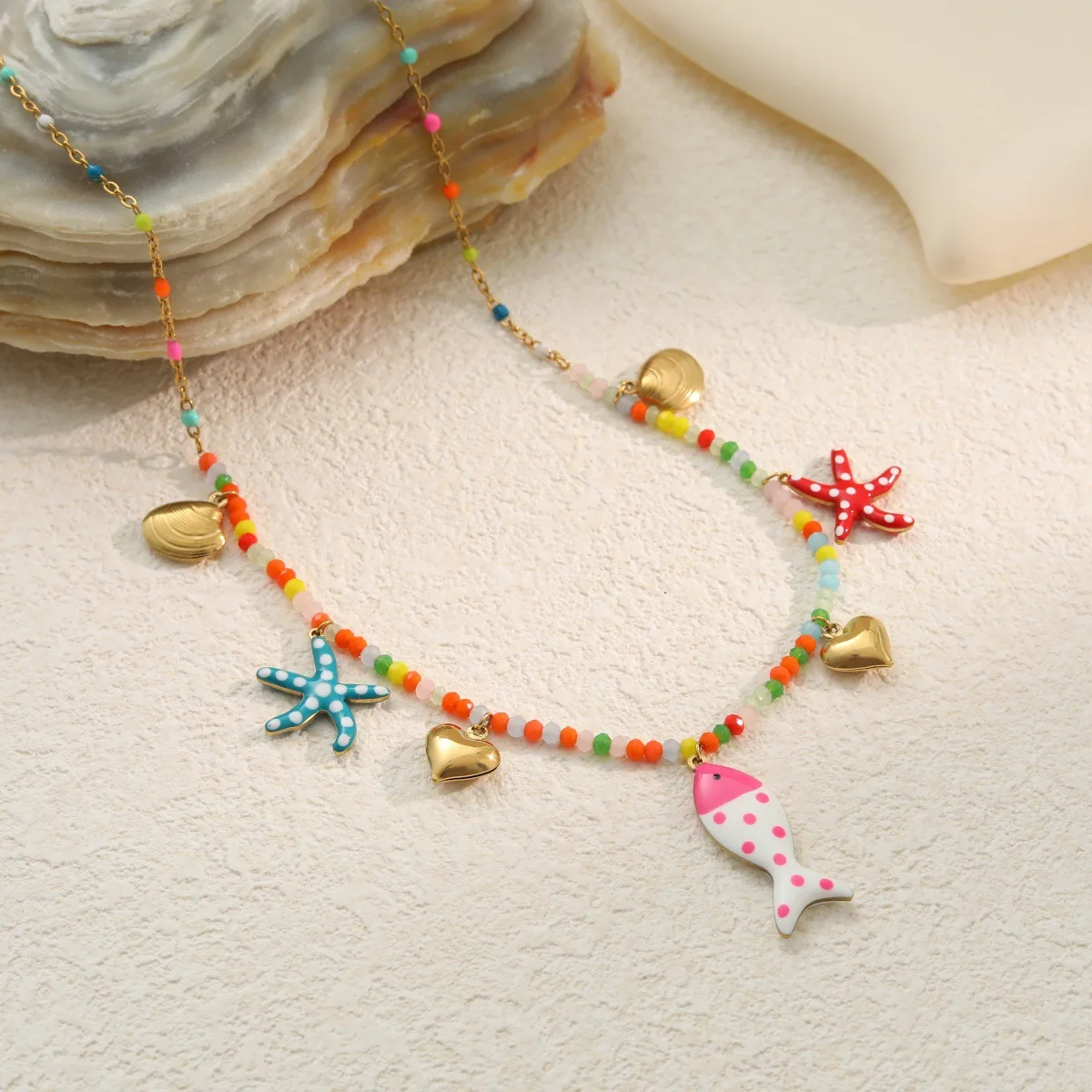 New Multicolored Resin Fish Pendant Necklace Bohemia Handmade Small Starfish Snail Shell Beads Choker Beach Jewelry Holiday Gift