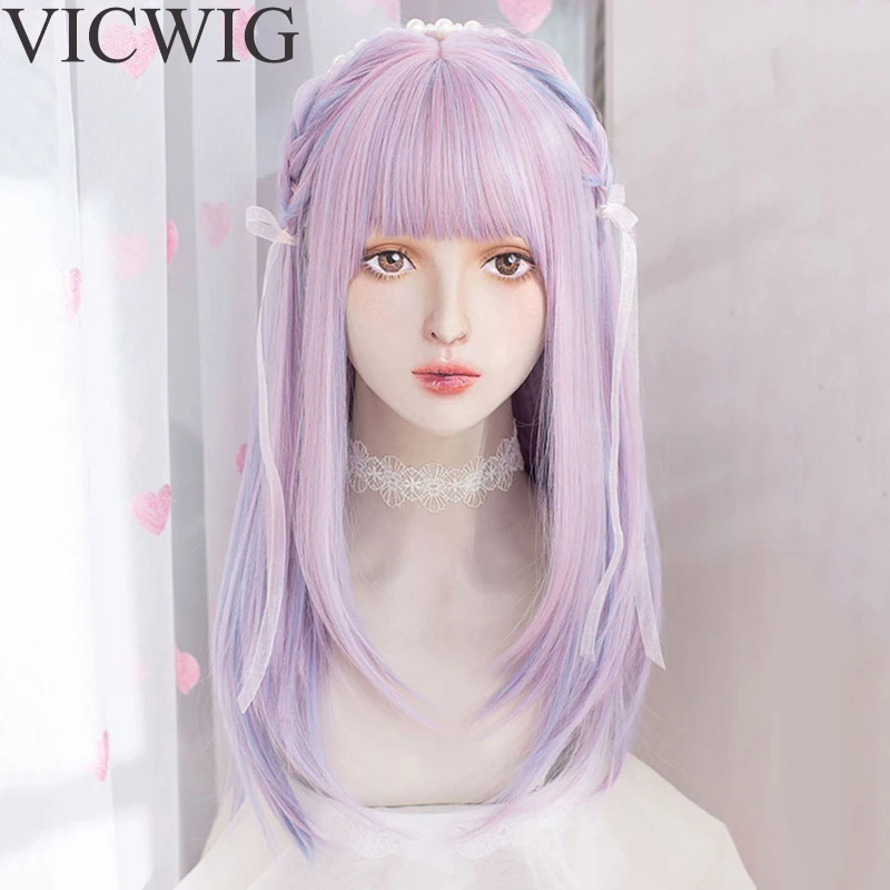 

VICWIG Lolita Wig Synthetic With Bangs for Women Long Straight Pink Purple Hair Wig Cosplay Party Heat Resistant