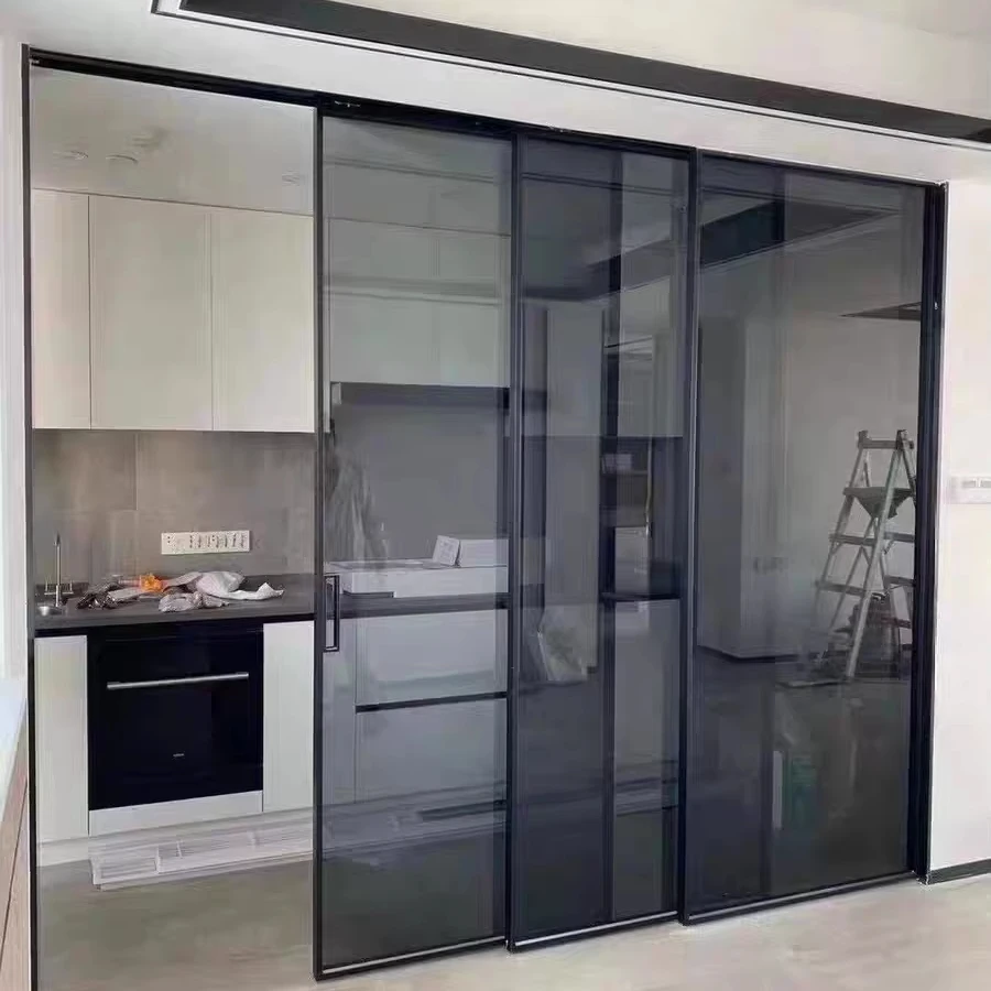 Innovative 3 Track Synchronous Glazing Sliding Door Interior Aluminum Frame Movable Glass Partition For Kitchen Houses