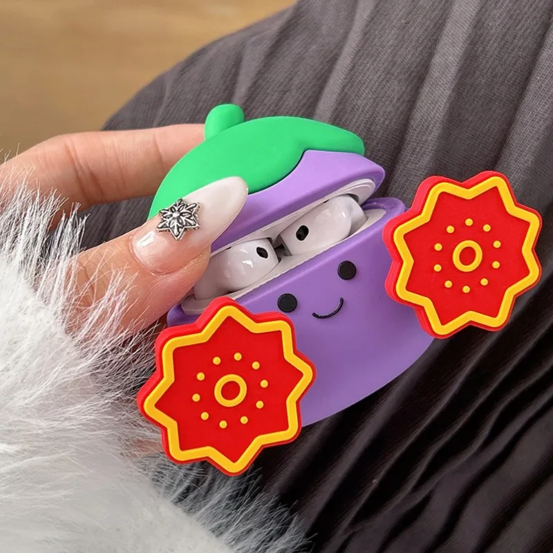 

Cute Eggplant Silicone For AirPods Pro3/Pro2/Pro/4/3/2/1 Earphone Case Anti Loss Buckle Design Fun Style Earphone Storage Bag