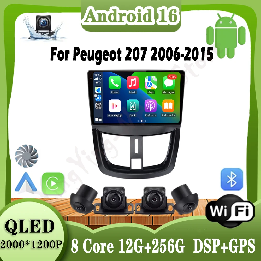 4G لبيجو 207 2006-2015 سيارة مشغل وسائط متعددة أندرويد 16 Carplay شاشة راديو ستيريو لتحديد المواقع نافي DSP