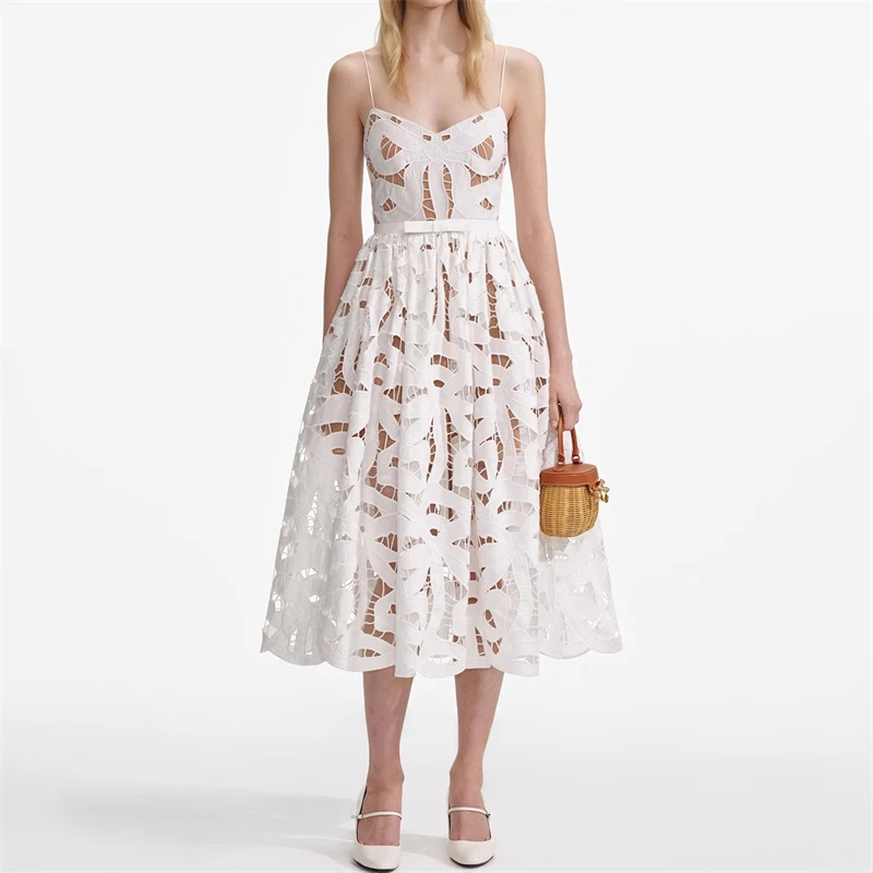 

Summer New Women's Elegant Y2K Long White Dress with Hollow out Butterfly Knot Backless A-Line Strap Dress High-End Sensation